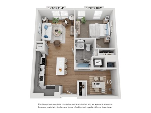 Floor plan for 1 bed, 1 bath, 967 sqft